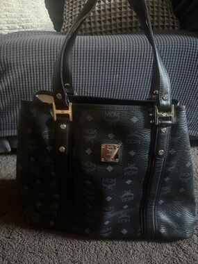 MCM Black Visetos Logo Tote with Gold Hardware